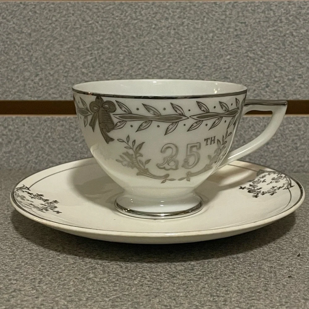 Lefton 25TH ANNIVERSARY CUP AND SAUCER SET JAPAN #281 Vintage 5.75”W silver VTG